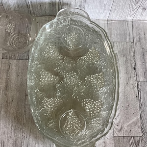Vintage  Anchor Hocking Grapevine pattern Glass Snack Tray Sets With Cups 11”, 4 trays and 4 cups with original box