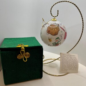 Vintage Pier 1 Li Bien Santa and Elves Glass Christmas Ornament Reverse Painted Glass Li Bien Ball in Box dated 2002 OR1221