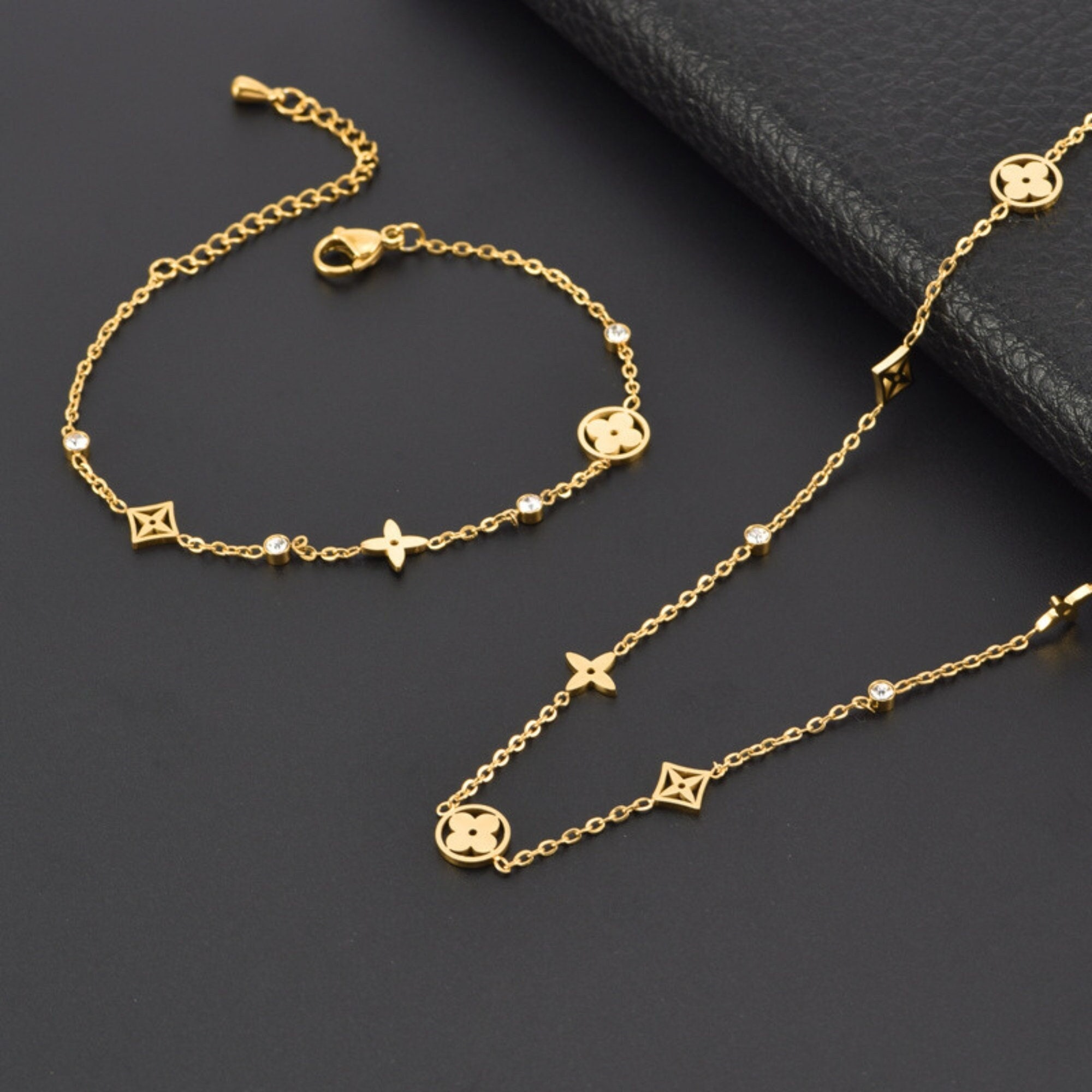 Gold Clover Necklace and Bracelet Four Leaf Clover Bracelet 