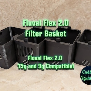 May include: Four black Fluval Flex 2.0 filter baskets. The text on the image reads "Fluval Flex 2.0 Filter Basket" and "Fluval Flex 2.0 15g and 9g Compatible!" The Custom Aquatics logo is in the bottom right corner.