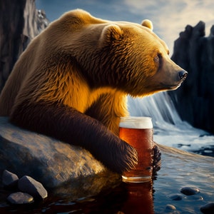 bear drinking a beer on the rocks