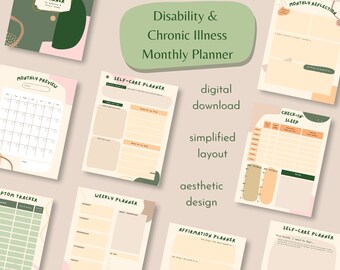 Op de afbeelding: Een printbare digitale planner ontworpen voor mensen met een handicap en chronische ziekten. De planner bevat pagina's voor maandelijkse reflectie, zelfzorg, wekelijkse planning, symptoomtracking, slaap-check-in en affirmaties. De pagina's hebben een minimalistische esthetiek met groene en beige kleuren.