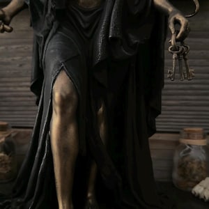 May include: A multi-armed statue with a bronze-toned finish, wearing a flowing black garment with a high leg slit. The figure has multiple arms, one of which holds a set of three metal keys. The statue is depicted in a standing position.