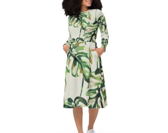 Plant mama long sleeve midi dress with pockets, monstera