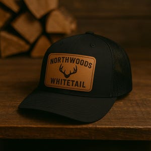 May include: Black trucker hat with a mesh back and a curved brim. The hat features a rectangular leather patch with the words "NORTHWOODS WHITETAIL" and a deer antler graphic in brown.