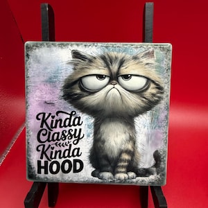 May include: A square ceramic tile featuring a graphic illustration of a grumpy-looking cat with large eyes and messy fur. The text Kinda Classy Kinda HOOD is printed in black on the left side against a textured, light purple and gray background.