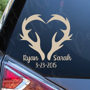 Antler Heart Vinyl Decal -  Antler Heart Vinyl Decal - Antlers Sticker - Wedding date Car Decal - Hunter heart Laptop sticker