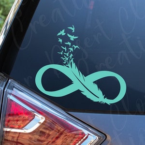 Infinity with Feather and Birds Flying Away Vinyl Decal - Infinity Feather with Birds Vinyl Decal -Birds Flying from Feather Sticker