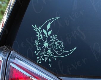 Floral Moon Vinyl Decal - Moon and Flowers Vinyl Decal- Moon Sticker -Floral Car Decal -Crescent Moon with Flowers Laptop sticker -Celestial