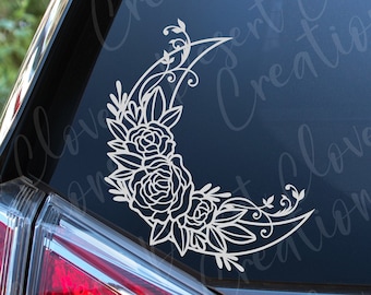 Rose Moon Vinyl Decal - Moon and Flowers Vinyl Decal- Moon Sticker -Floral Car Decal -Crescent Moon with Roses Laptop sticker -Celestial