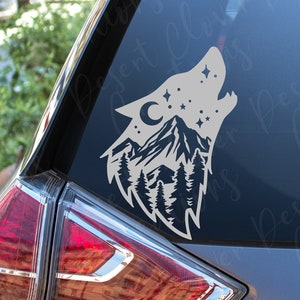 Wolf with Mountain and Night Sky Scenery Vinyl Decal -  Wolf Howling Silhouette Vinyl Decal - Wolf with Wilderness Sticker