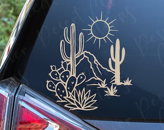 Desert Landscape Vinyl Decal - Desert Cactus and Sun Landscape Vinyl Decal - Prickly Pear Sticker - Saguaro Car Decal - Desert Sun Landscape