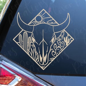 Cow Skull with Desert Scene Vinyl Decal - Bull Skull with Cactus Scene Vinyl Decal- Bull Sticker- Bull Horns- Saguaro Cactus with Bull Horns