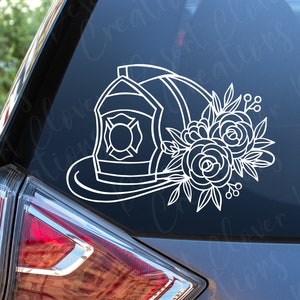 Fireman Hat with Floral Design Vinyl Decal - Firefighter Hat with Flowers Vinyl Decal - Fireman Hat Decal