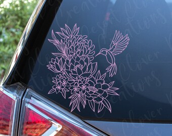 Hummingbird and Flowers Vinyl Decal - Floral Bouquet with Hummingbird Vinyl Decal- Floral Car Decal - Hummingbird