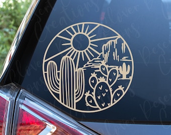 Cactus, Mountain and Sun Desert Landscape Circle Vinyl Decal
