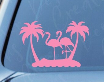 Flamingos and Palm Trees Vinyl Decal - Palm Trees and Flamingos Vinyl Decal - Flamingo Sticker - Flamingos Car Decal -Island  Laptop sticker