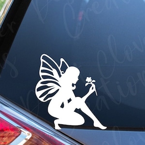 Fairy with a Flower Vinyl Decal - Fairies and Flower Vinyl Decal - Pretty Fairy Sticker - Magical decal - Fairy Crouching with Flower decal