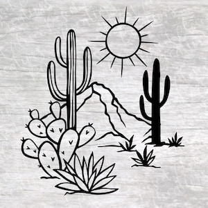 May include: Black and white line drawing of a desert landscape with a cactus, a mountain, and a sun.