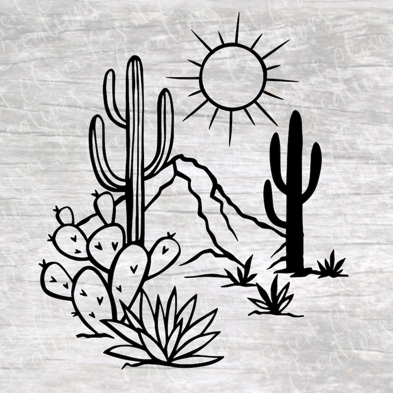 May include: Black and white line drawing of a desert landscape with a cactus, a mountain, and a sun.