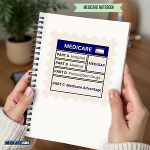 May include: A white spiral-bound notebook with the word "MEDICARE" at the top. The notebook displays information about Medicare parts A, B, C, and D, and Medigap. The notebook is held by a person.