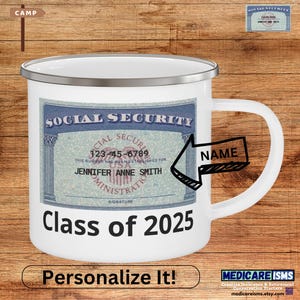 Taza de jubilación personalizada, regalo de jubilación, tarjeta de seguridad social, taza de jubilación esmaltada - Clase de seguridad social de 2025