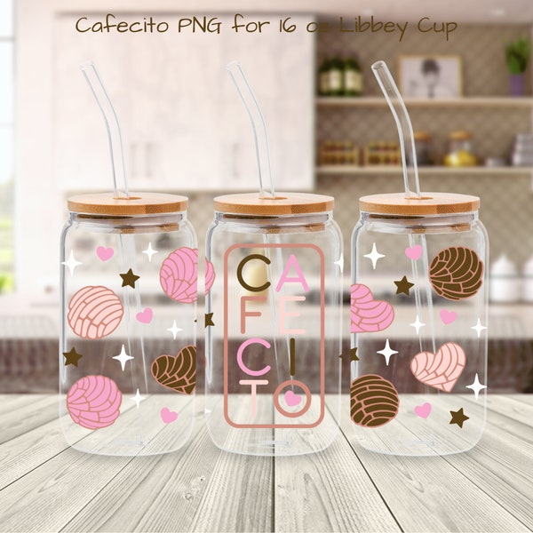 Cafecito Y Chisme, Libbey Glass Wrap, Pan Dulce Concha 16oz Libby Beer Can Jar Full Wrap Cup, Glass Can Wrap, Coffee, Cafe, SVG, DXF, PNG
