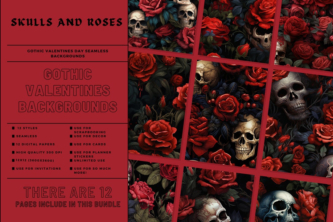Goth DIGITAL Paper Backgrounds Mix Roses and Skulls Download 12 ...