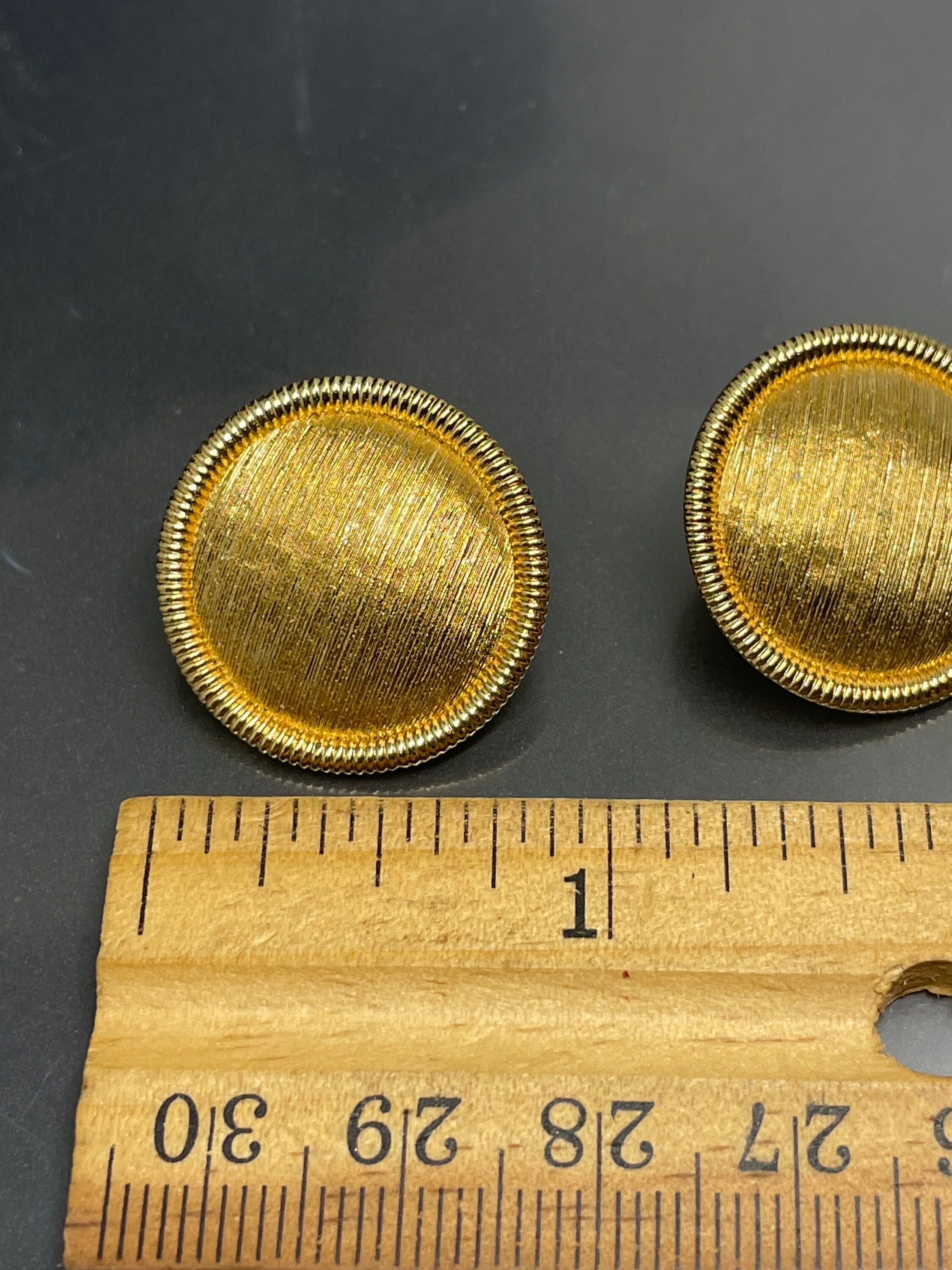 Vintage Signed Textured Gold Tone Round Button Classy Clip on