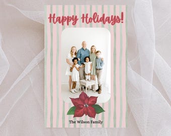 Holiday Card Template | Poinsettia Family Photo Card | Happy Holidays Printable | Canva Template