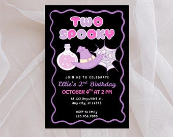Two Spooky Girl Birthday Invitation | Pink Purple Halloween Party Invite | 2nd Birthday Halloween Digital Download