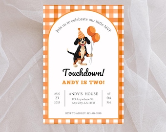 Invitación de cumpleaños de fútbol naranja y blanco / Invitación editable para fiesta de día de juego para niños / Tema de portón trasero imprimible / Plantilla de Canva