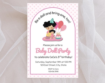 Invitación para fiesta de muñecas / Invitación de cumpleaños de muñecas / Brunch de cumpleaños para muñecas / Invitación para fiesta de cumpleaños de niña / Plantilla editable