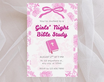 Girls’ Night Bible Study Invitation | Pink Floral & Bow | Editable Canva Template | Women’s Ministry Event Invite