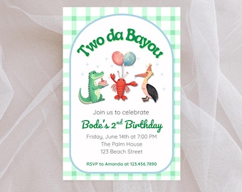 Inbjudan till Two da Bayou-födelsedag | Inbjudan till Bayou-födelsedagsfest | Alligatorkräfta och pelikan, 2-årsdag | Utskrivbar barnfödelsedag