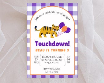 Purple and Orange Football Birthday Invitation | Editable Boy's Tailgate Party Invite | Southern Game Day Printable | Canva Template