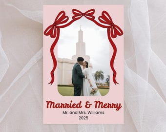 Married & Merry Christmas Card with Family Photo | Wedding Holiday Card 2025 | Personalized Couple Xmas Greeting