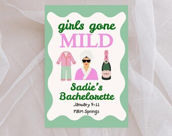 Girls Gone Mild Bachelorette Invitation | Editable Spa Weekend Invite | Pajama Party Bachelorette Invite | Pink and Green Bachelorette