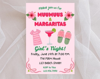 Muumuus and Margaritas Party Invitation | Pink & Green Luau Themed Canva Template | Editable Summer Girls Night Invite