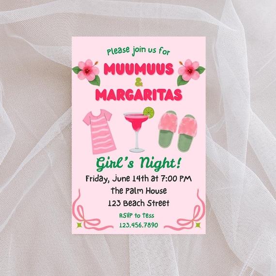 Muumuus and Margaritas Party Invitation | Pink & Green Luau Themed Canva Template | Editable Summer Girls Night Invite