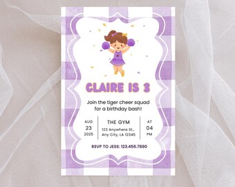 Cheerleader Birthday Invitation Girl | Editable Purple and Gold Cheer Invite | Tiger Girl's Party | Instant Download Template