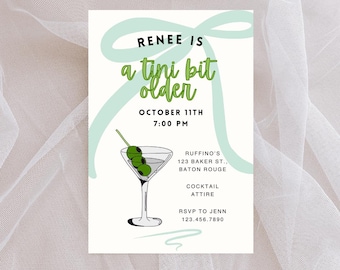Invitación de cumpleaños con Martini "A Tini Bit Older" / Descarga digital editable / Elegante invitación para cóctel / Plantilla Canva