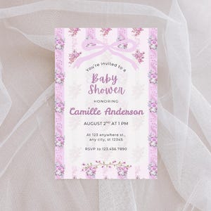 Pink and Lavender Coquette Baby Shower Invitation | Vintage Bows & Floral Invite | Canva Template | Printable Girl Baby Shower
