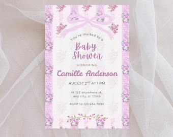 Invitación para baby shower con coqueta rosa y lavanda / Invitación con lazos vintage y flores / Plantilla de Canva / Baby shower de niña imprimible