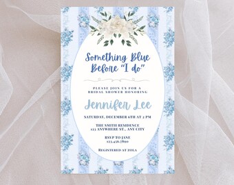 Invitación para despedida de soltera "Algo azul antes de mi despedida de soltera" / Invitación imprimible con flores azules / Plantilla editable / Despedida de soltera coqueta