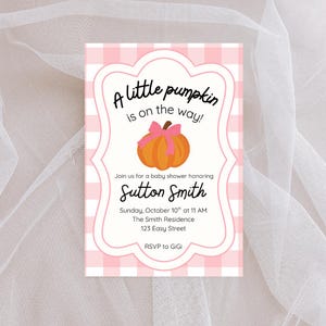 A Little Pumpkin Baby Shower Invitation | Pink Gingham Fall Baby Shower Invite | Editable Fall Baby Girl Shower Template