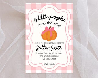 A Little Pumpkin Baby Shower Invitation | Pink Gingham Fall Baby Shower Invite | Editable Fall Baby Girl Shower Template