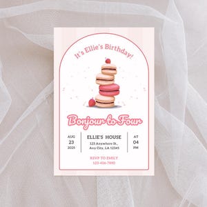 Bonjour to Four Birthday Invitation | Pink Macaron Party Invite | French Paris Birthday Printable Template