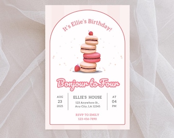 Bonjour to Four Birthday Invitation | Pink Macaron Party Invite | French Paris Birthday Printable Template