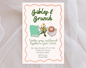Invitación al estudio bíblico para mujeres sobre Biblias y brunch / Volante imprimible para evento de la iglesia / Plantilla de invitación al brunch de Fe y Compañerismo
